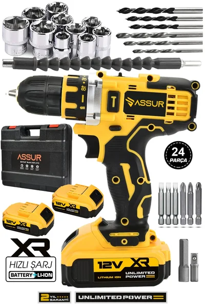 Assur 12V Çift Akü Metal Şanzıman Şarjlı Matkap Akülü Vidalama